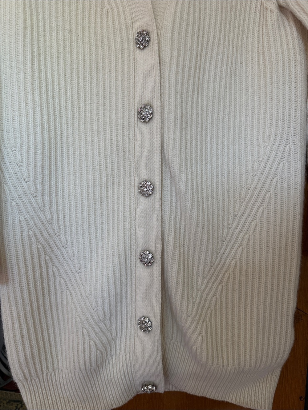 Ganni Ivory Ribbed Extra Long Cardigan with Rhinestone Buttons 🌈 - Picture 2 of 7
